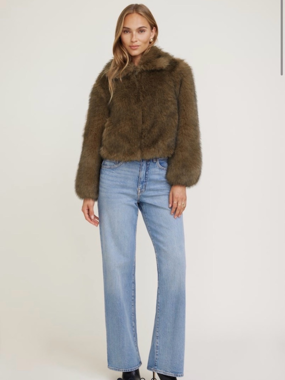 Dynamite Leather-Trim Faux Fur Coat in Tan and Black